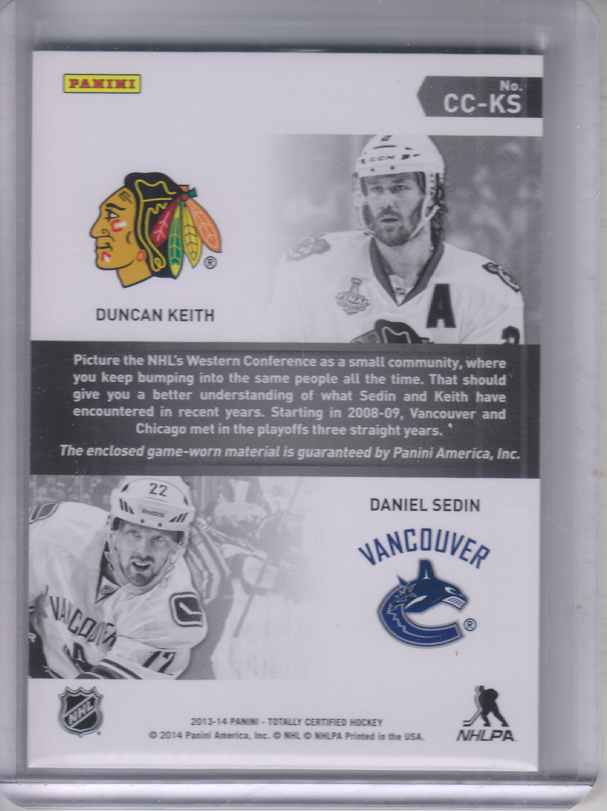 2013-14 Totally Certified Certified Competitors Jerseys Red #CCKS Duncan Keith/Daniel Sedin back image