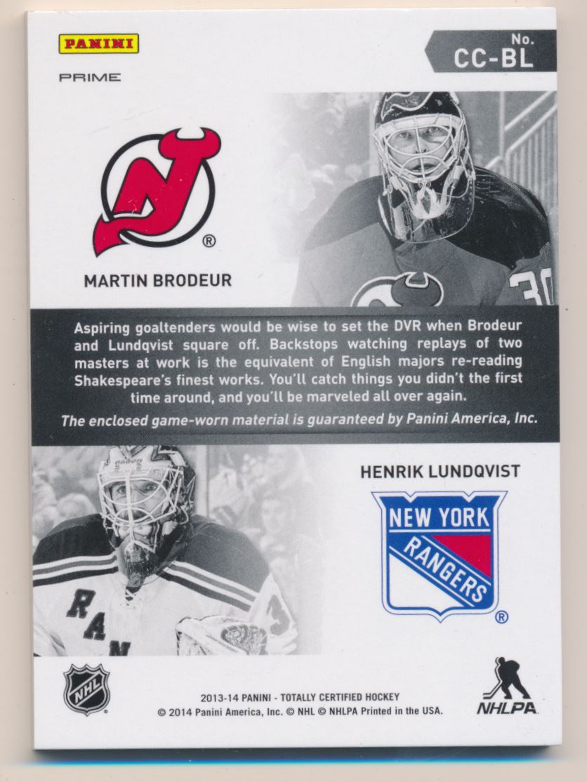 2013-14 Totally Certified Certified Competitors Jerseys Prime Blue #CCBL Martin Brodeur/Henrik Lundqvist/50 back image