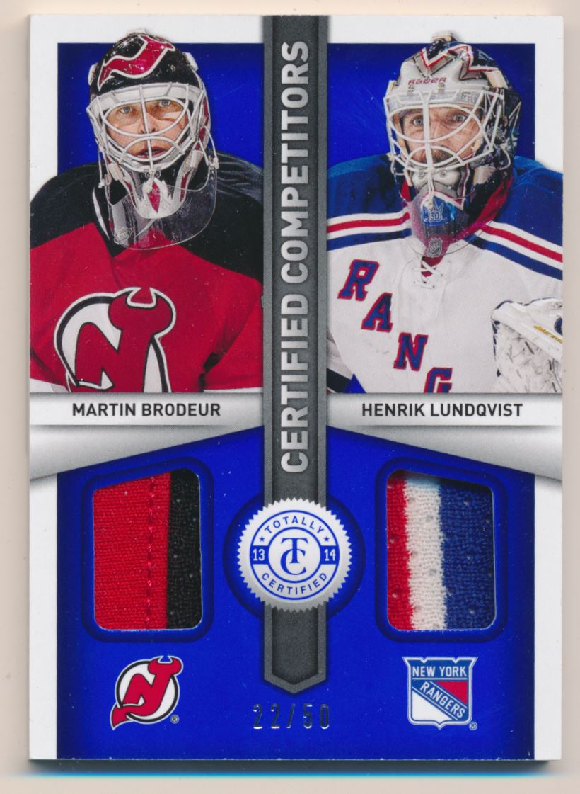 2013-14 Totally Certified Certified Competitors Jerseys Prime Blue #CCBL Martin Brodeur/Henrik Lundqvist/50