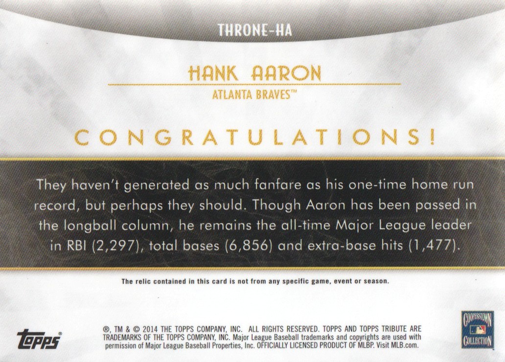 2014 Topps Tribute Tribute to the Throne Relics #THRONEHA Hank Aaron back image