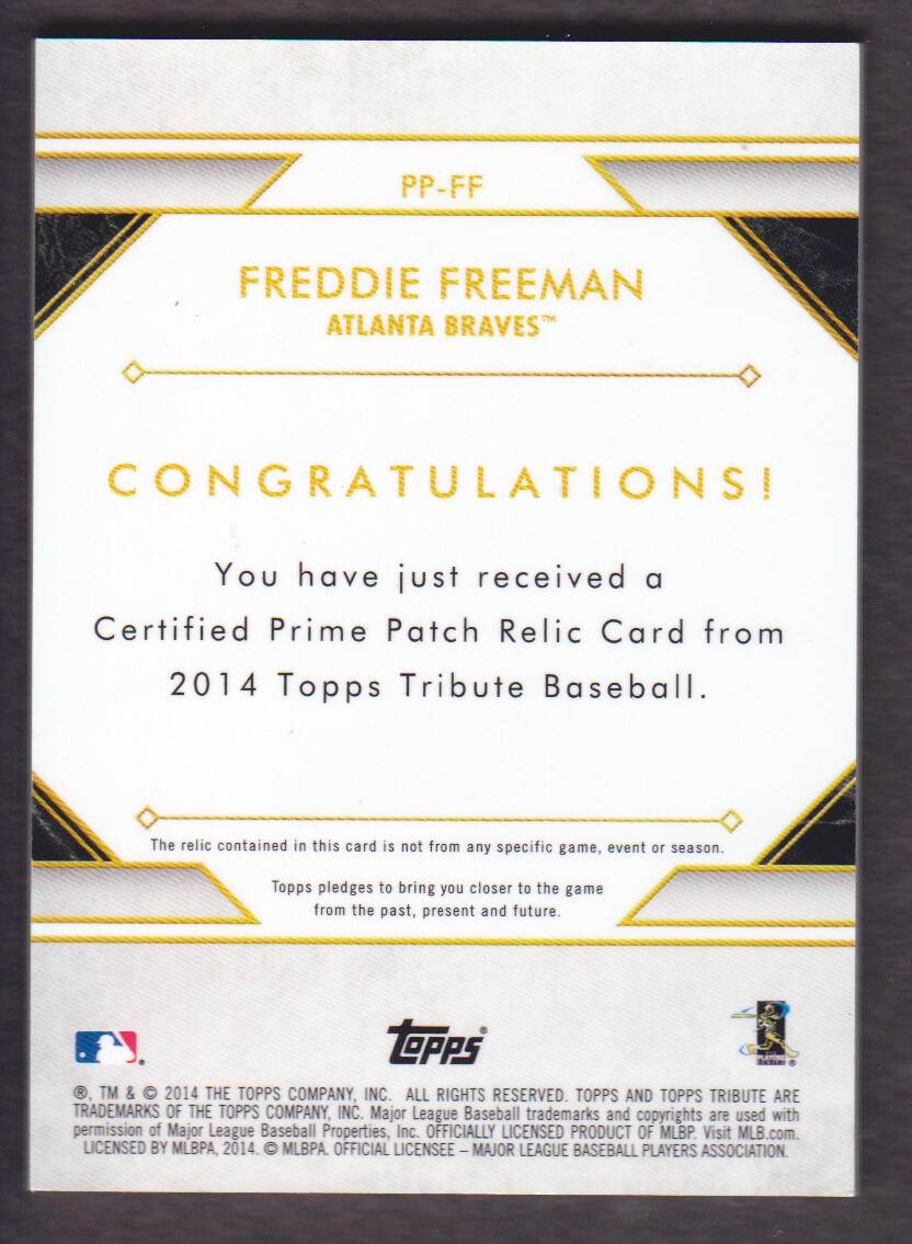 2014 Topps Tribute Prime Patches #PPFF Freddie Freeman back image