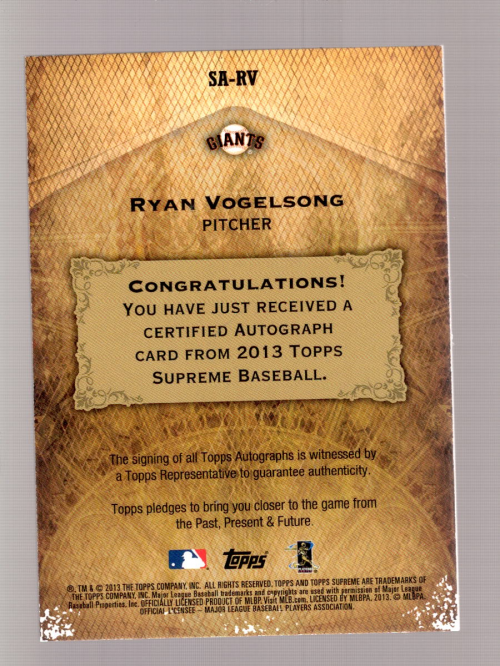 2013 Topps Supreme Autographs Sepia #SARV Ryan Vogelsong back image