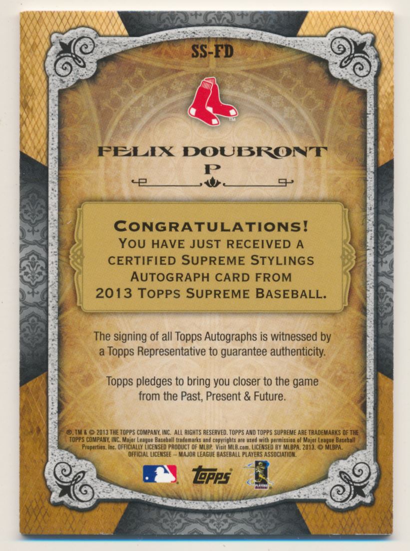 2013 Topps Supreme Supreme Stylings Autographs Blue #SSFD Felix Doubront back image