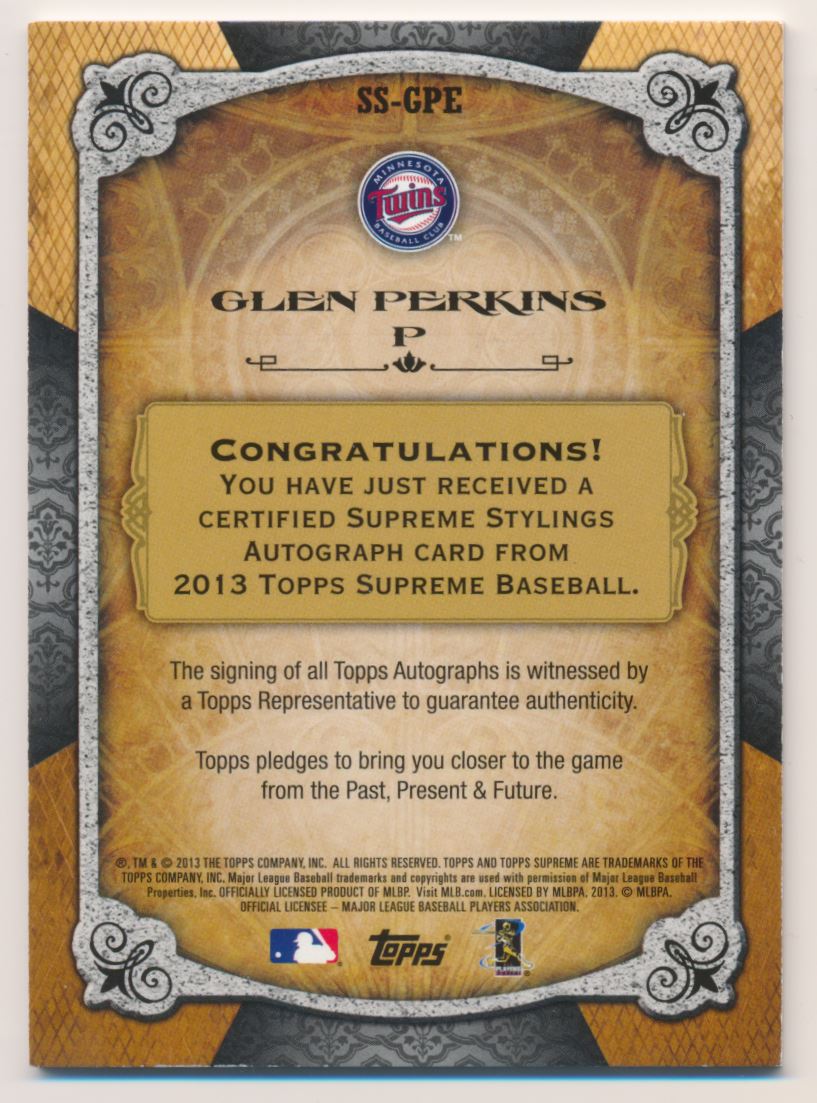 2013 Topps Supreme Supreme Stylings Autographs Orange #SSGPE Glen Perkins back image