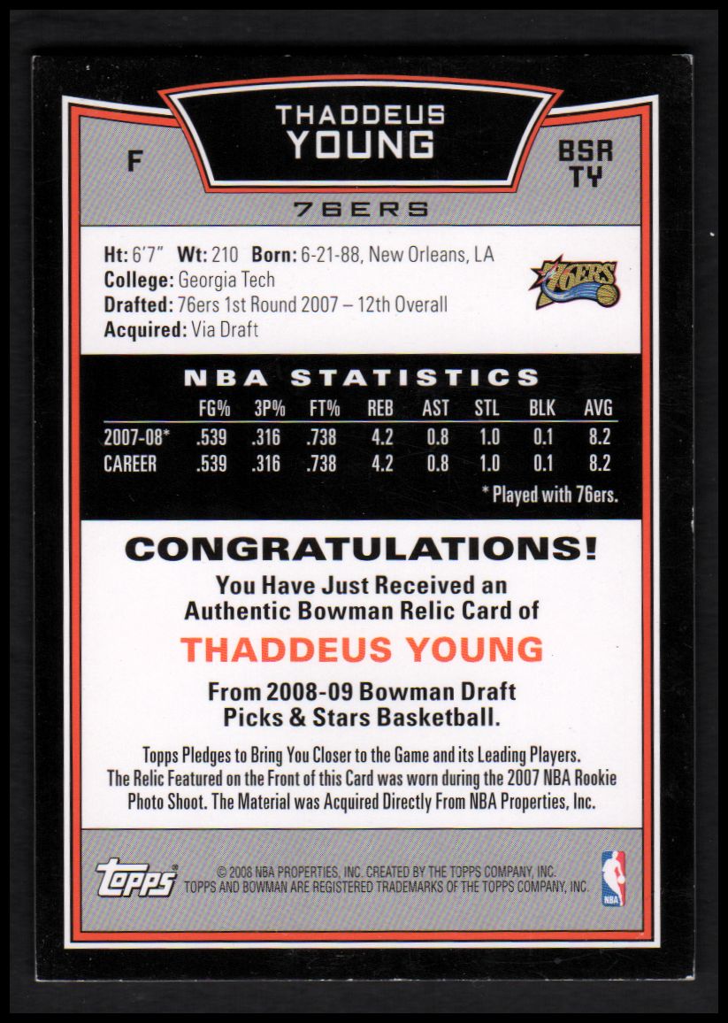 2008-09 Bowman Retail Relics #BSRTY Thaddeus Young back image