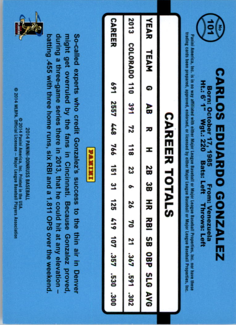 2014 Donruss Stat Line Season #101 Carlos Gonzalez/302 back image