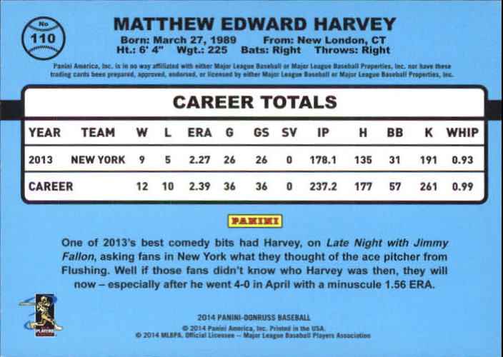 2014 Donruss Stat Line Season #110 Matt Harvey/227 back image