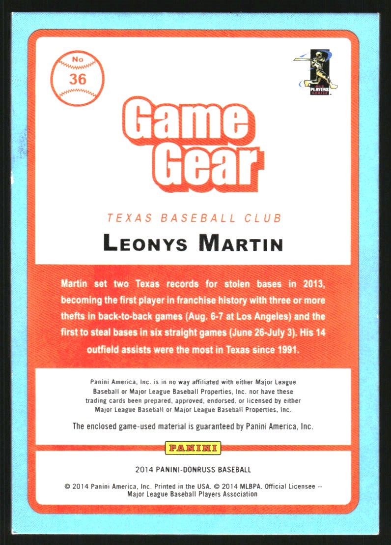 2014 Donruss Game Gear #36 Leonys Martin back image
