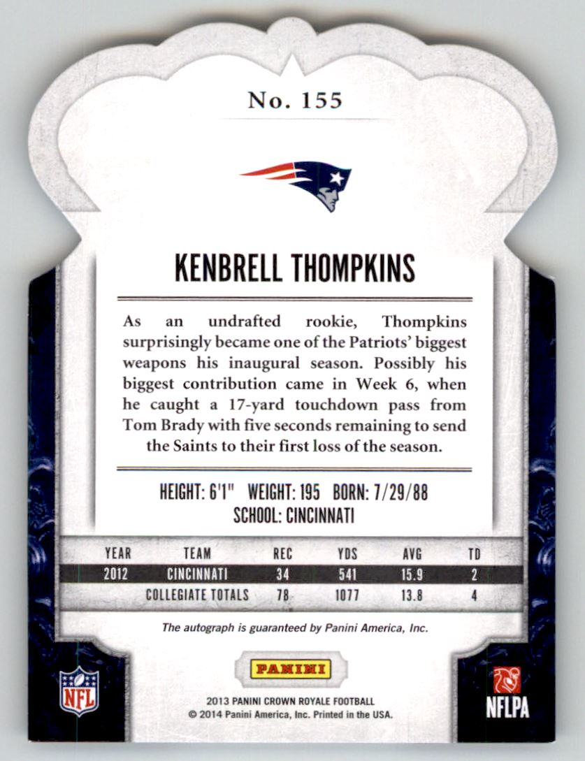 2013 Crown Royale Rookie Signatures Silver Holofoil #155 Kenbrell Thompkins back image