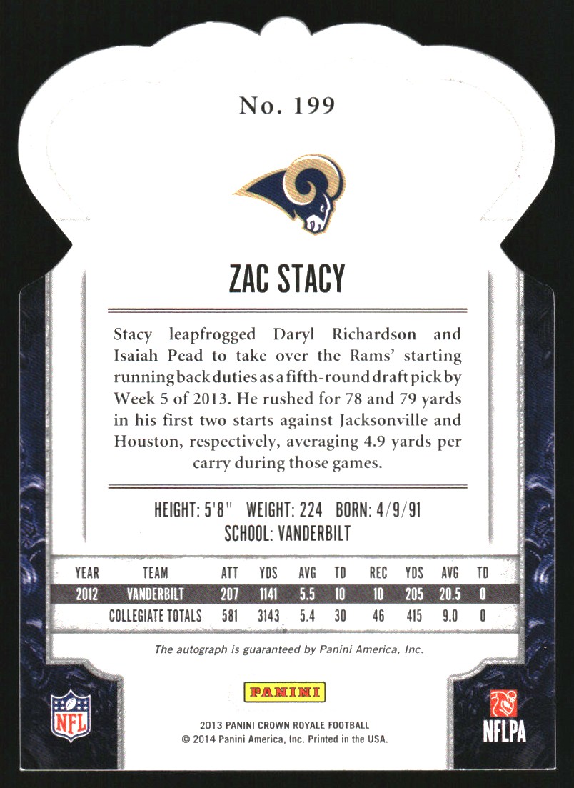 2013 Crown Royale Rookie Signatures Bronze Holofoil #199 Zac Stacy/99 back image