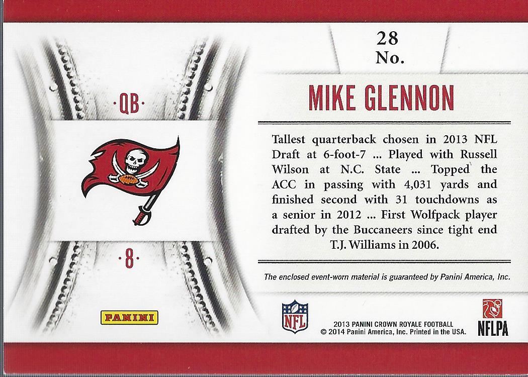 2013 Crown Royale Rookie Royalty Materials #28 Mike Glennon/99 back image