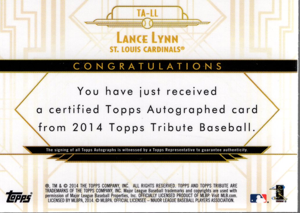 2014 Topps Tribute Autographs Yellow #TALL Lance Lynn back image
