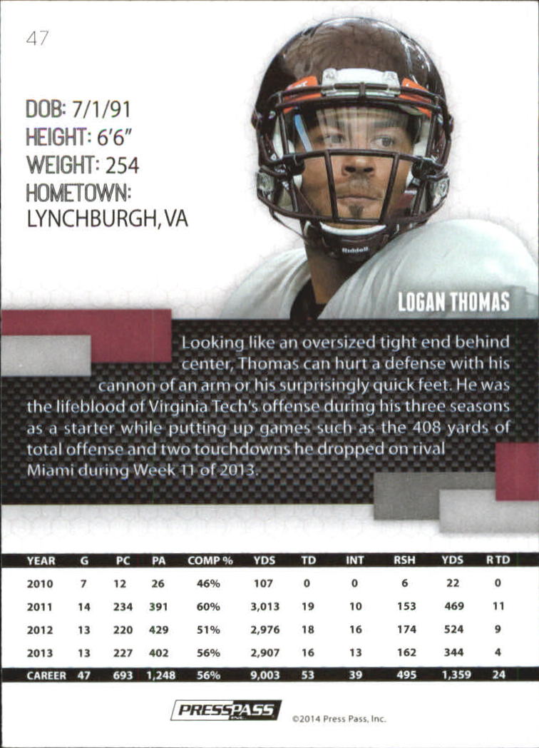 2014 Press Pass Blue #47 Logan Thomas back image