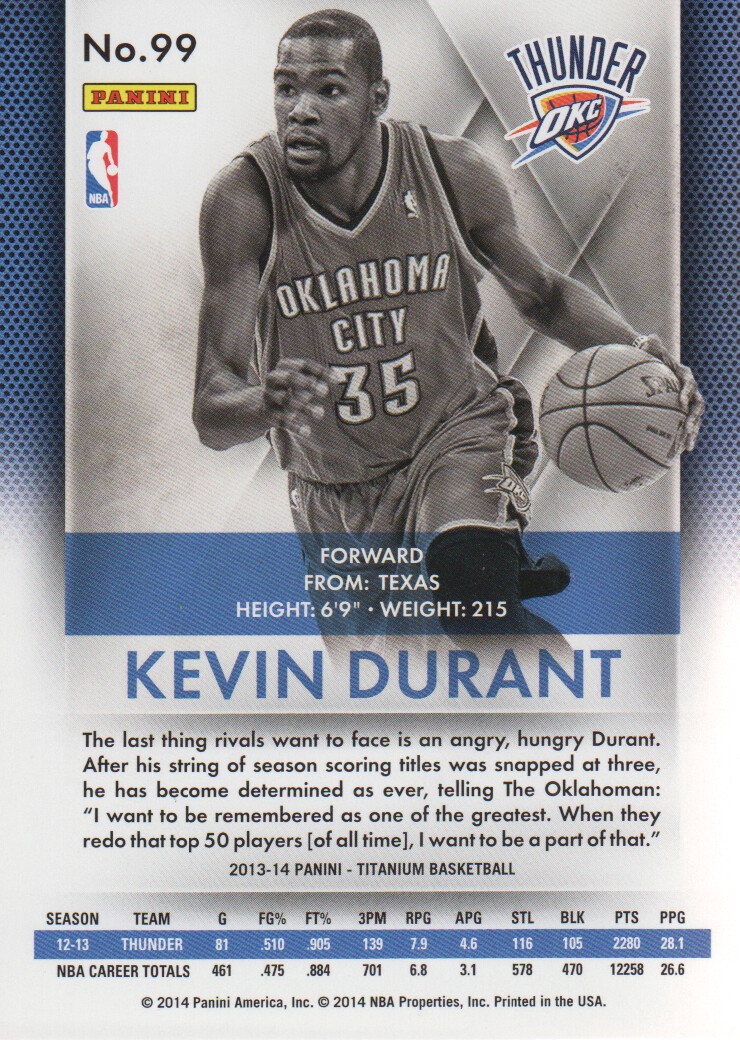 2013-14 Panini Titanium #99 Kevin Durant back image