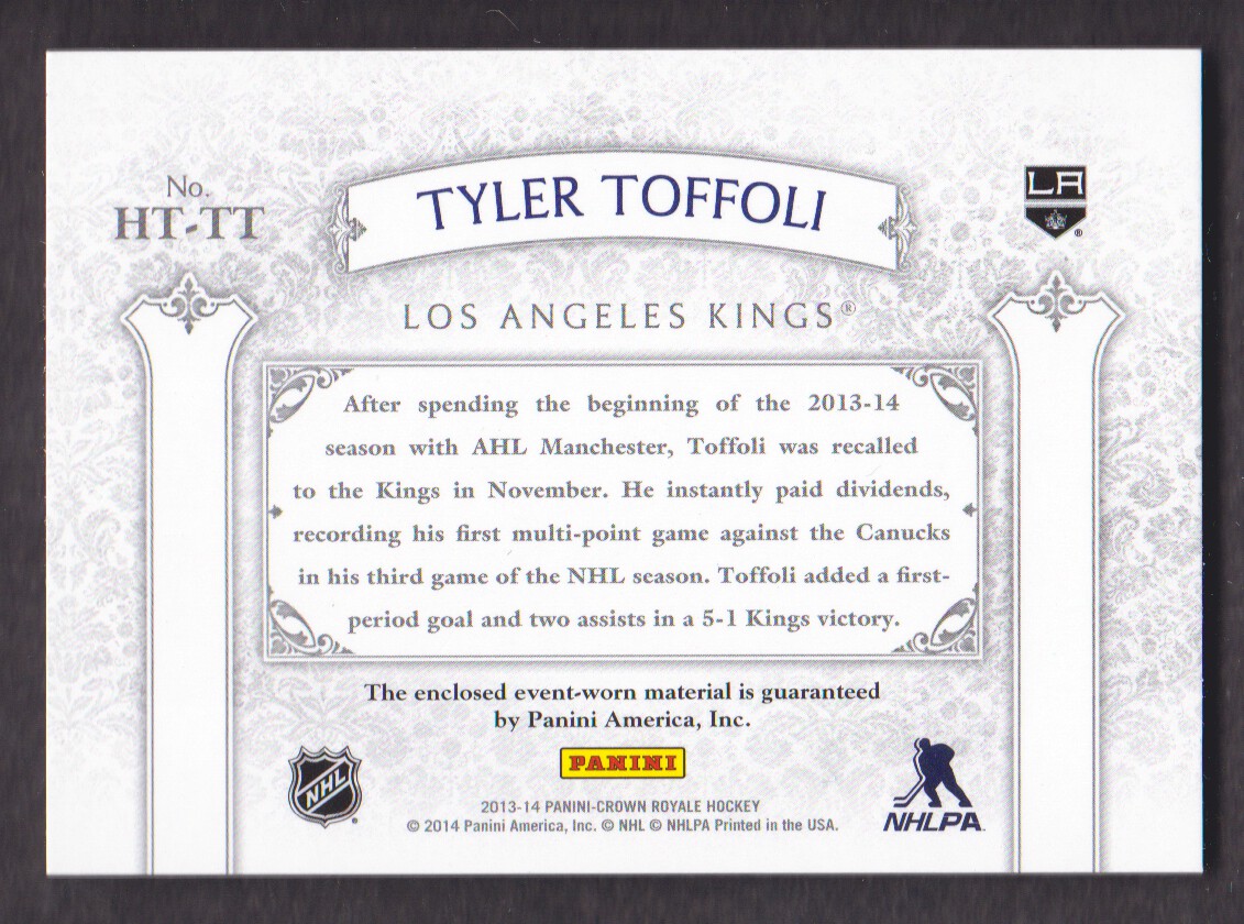 2013-14 Crown Royale Heirs to the Throne Materials #HTTT Tyler Toffoli back image