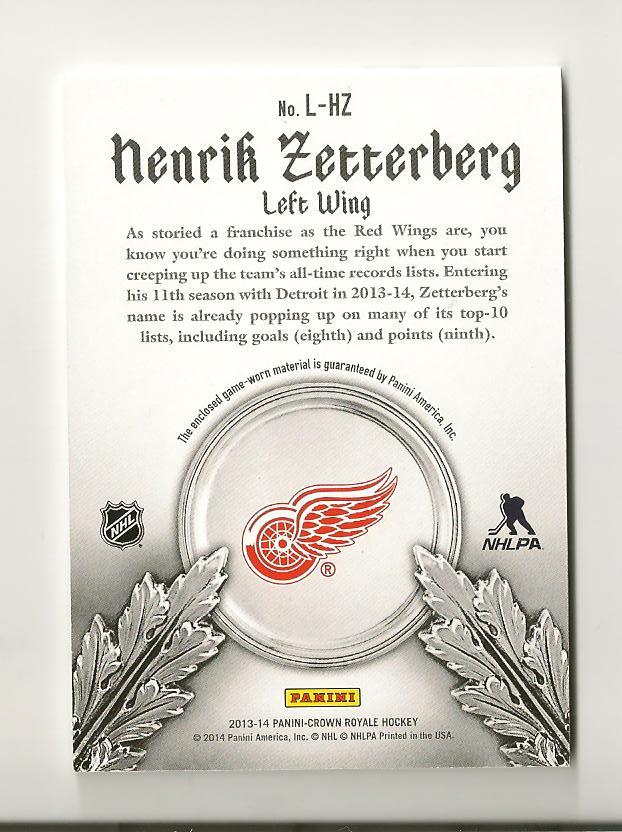 2013-14 Crown Royale Lords of the NHL Materials #LHZ Henrik Zetterberg back image