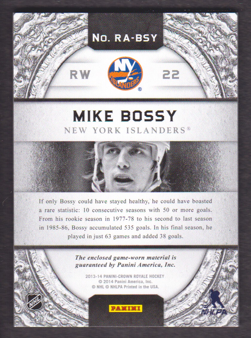 2013-14 Crown Royale Regal Achievements Materials #RABSY Mike Bossy SP back image