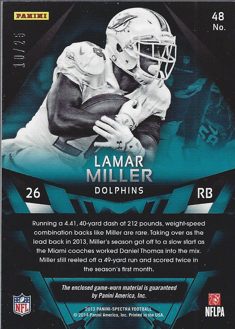 2013 Panini Spectra Materials Spectra Red #48 Lamar Miller/25 back image