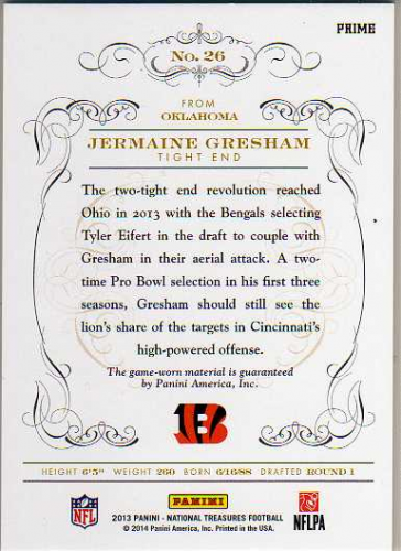 2013 Panini National Treasures Century Materials Black #26 Jermaine Gresham/10 back image