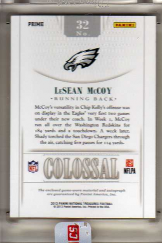 2013 Panini National Treasures Colossal Materials Signature Jersey Numbers Prime #32 LeSean McCoy/10 back image