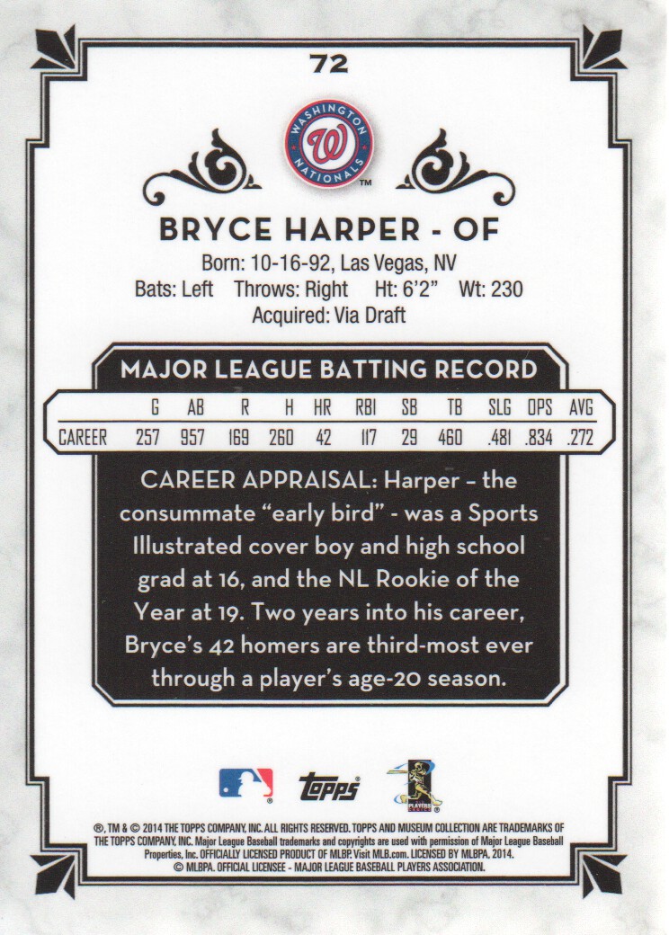 2014 Topps Museum Collection #72 Bryce Harper back image