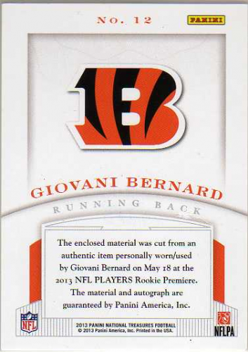 2013 Panini National Treasures Rookie NFL Gear Dual Materials Signatures #12 Giovani Bernard back image