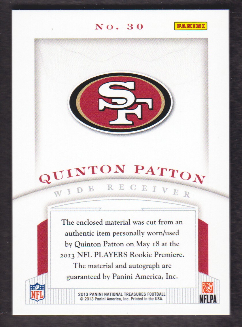 2013 Panini National Treasures Rookie NFL Gear Dual Materials Signatures #30 Quinton Patton back image