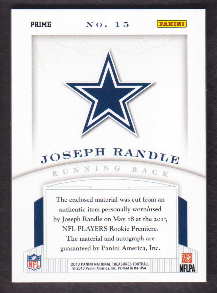 2013 Panini National Treasures Rookie NFL Gear Trio Materials Signatures Prime #15 Joseph Randle back image