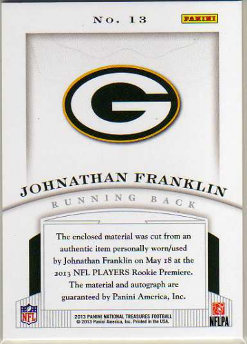 2013 Panini National Treasures Rookie NFL Gear Trio Materials Signatures #13 Johnathan Franklin back image