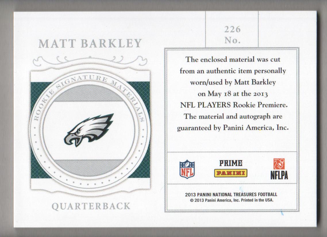 2013 Panini National Treasures Rookie Signature Materials Gold #226 Matt Barkley/49 back image