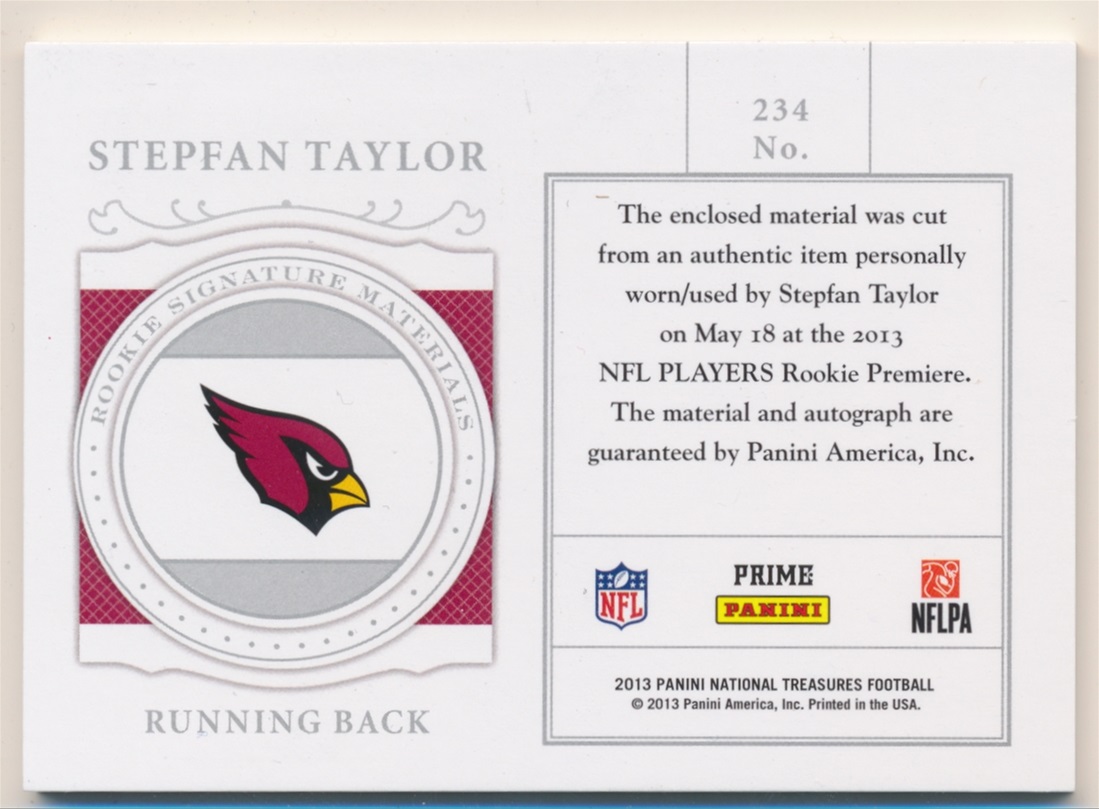2013 Panini National Treasures Rookie Signature Materials Gold #234 Stepfan Taylor/49