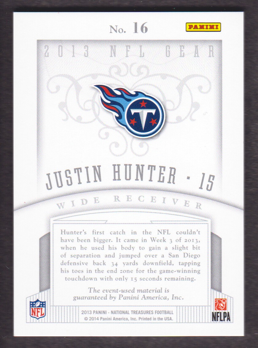 2013 Panini National Treasures NFL Gear Quad #16 Justin Hunter back image
