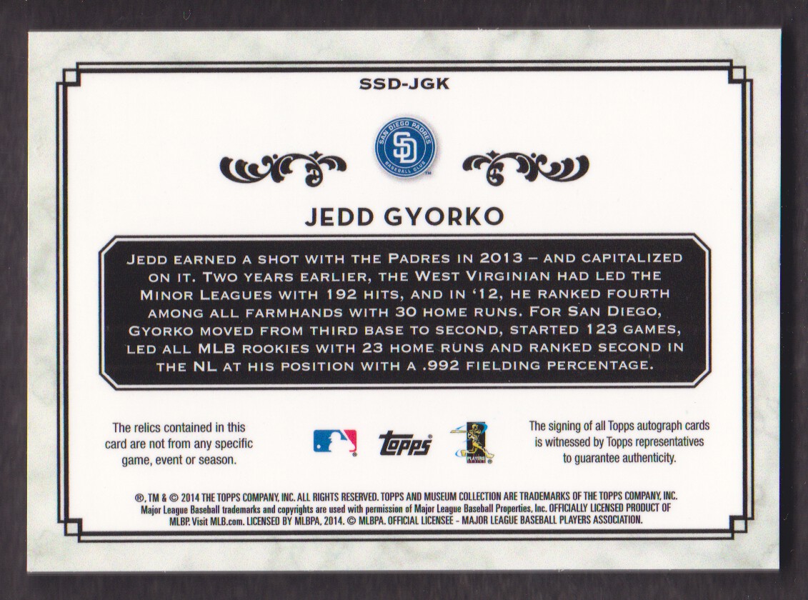 2014 Topps Museum Collection Signature Swatches Dual Relic Autographs #SSDJGK Jedd Gyorko/299 back image