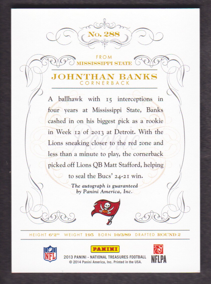 2013 Panini National Treasures #288 Johnthan Banks AU RC back image