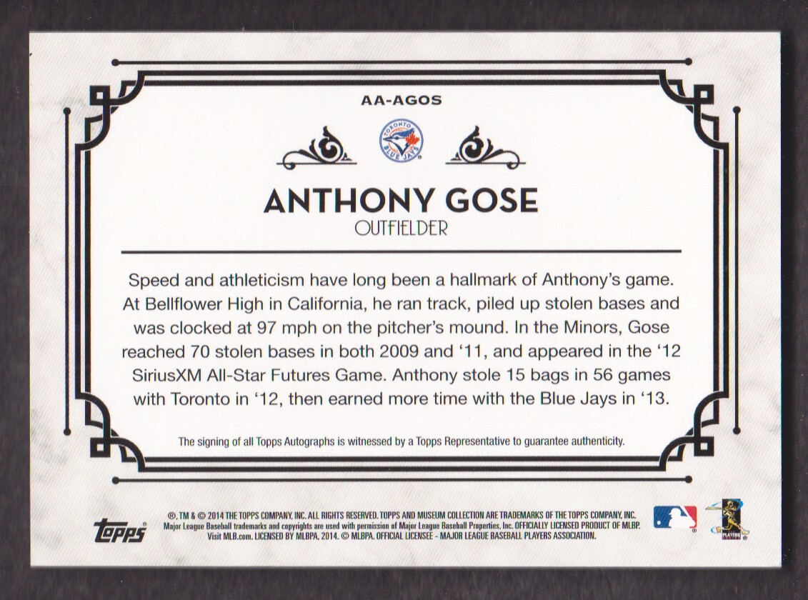 2014 Topps Museum Collection Autographs #AAAGOS Anthony Gose/399 back image