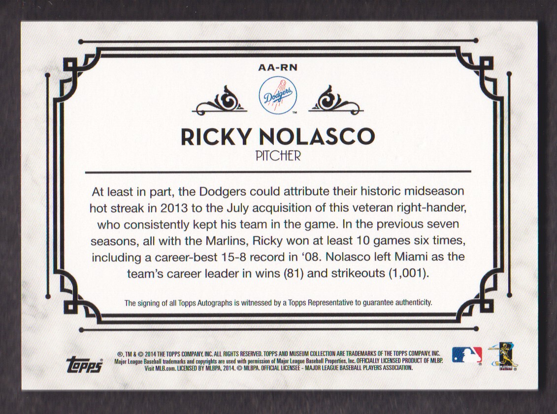 2014 Topps Museum Collection Autographs #AARN Ricky Nolasco/399 back image