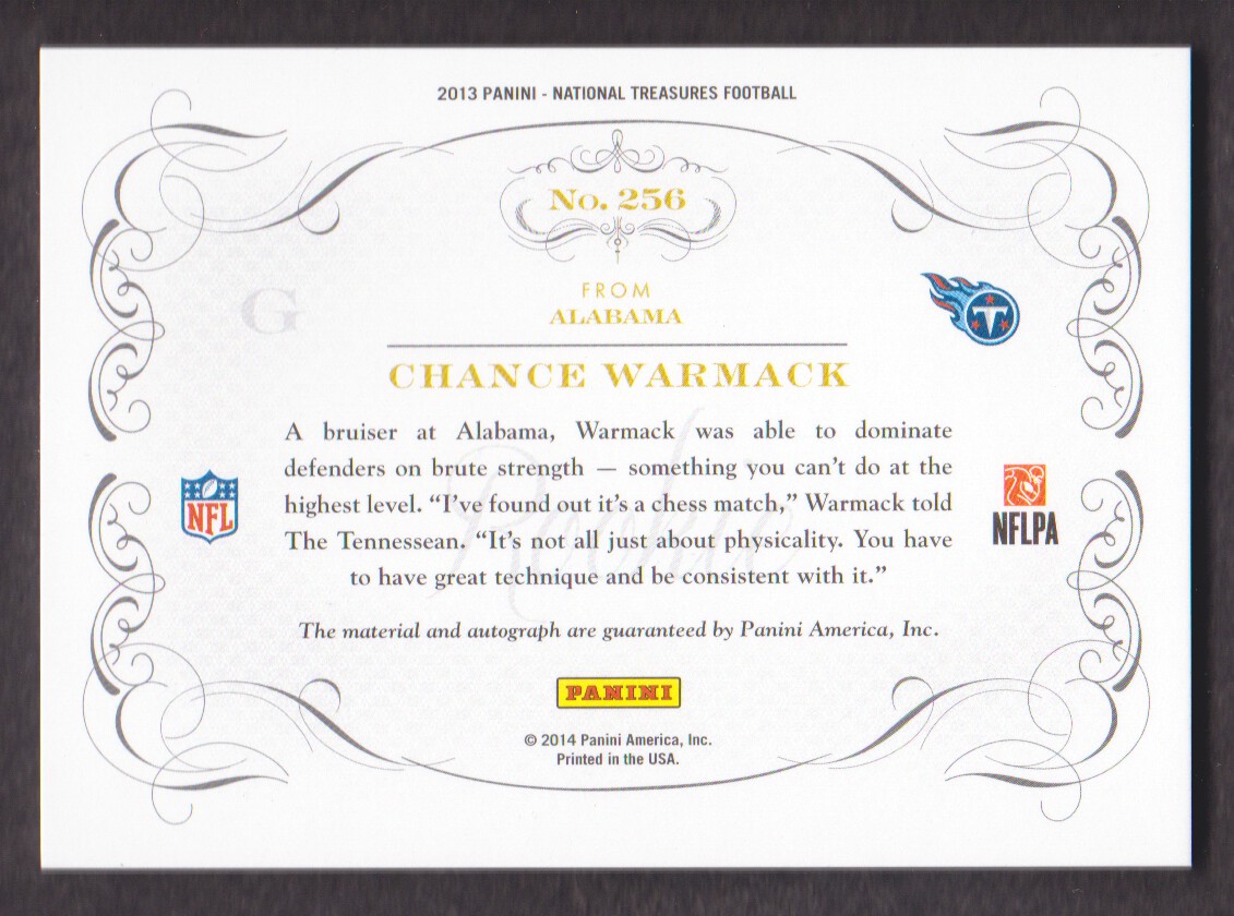 2013 Panini National Treasures Rookie Signature Materials Silver #256 Chance Warmack/99 back image