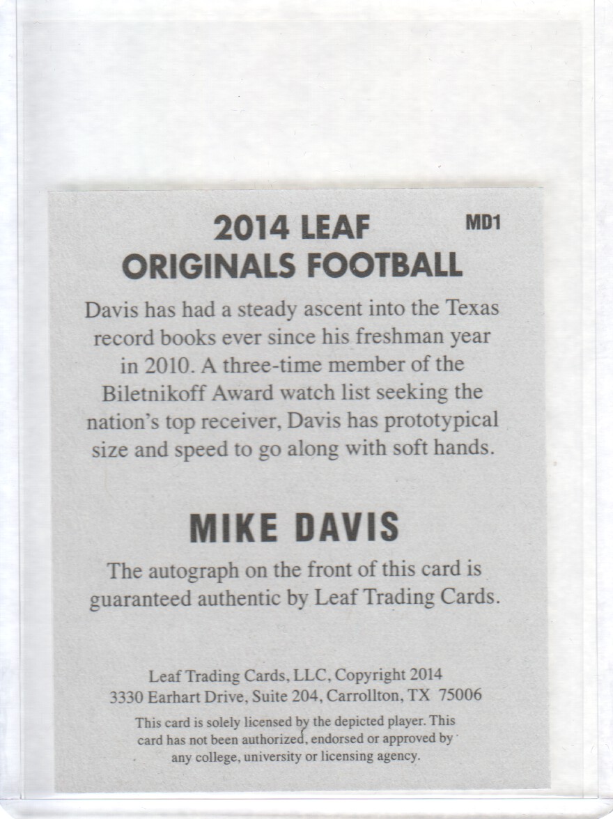 2014 Leaf Originals '48 Autographs #MD1 Mike Davis back image