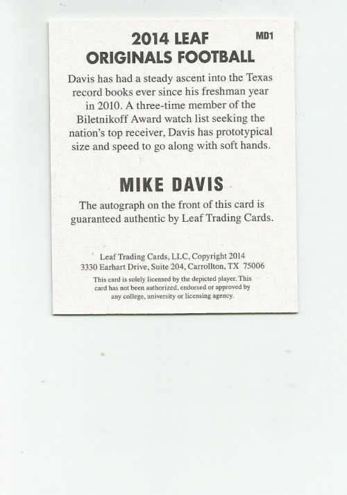 2014 Leaf Originals '48 Autographs #MD1 Mike Davis back image