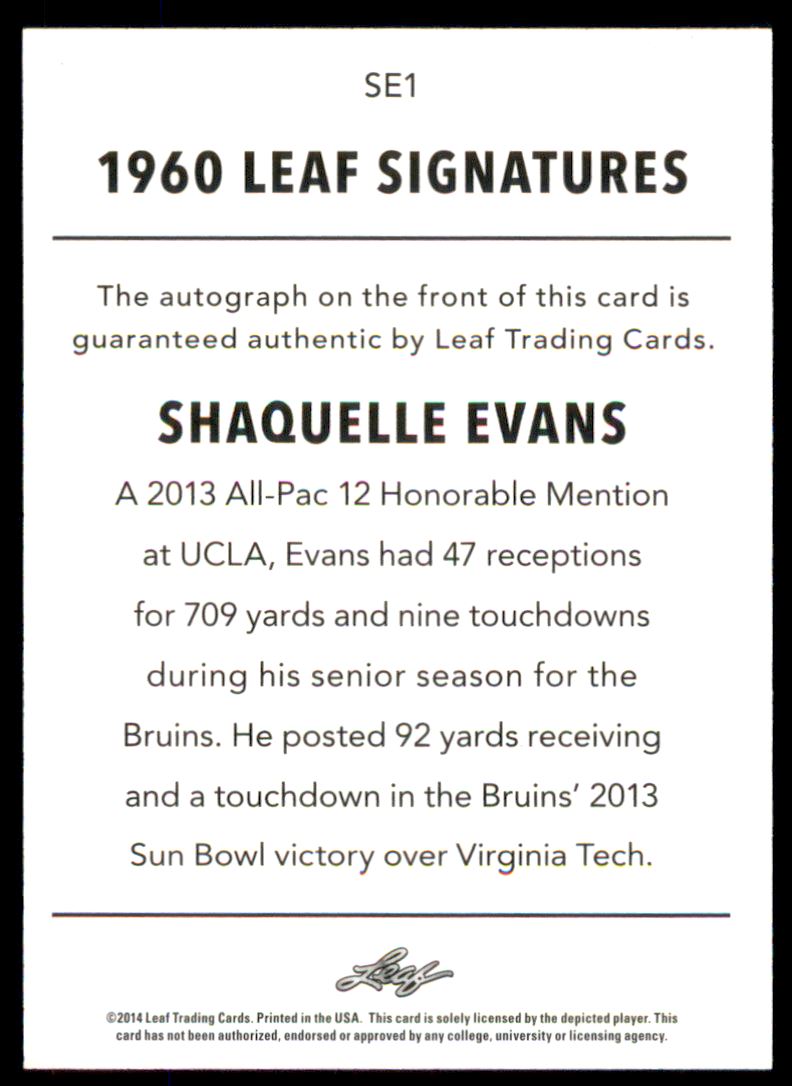 2014 Leaf Originals '60 Autographs Purple #SE1 Shaquelle Evans back image