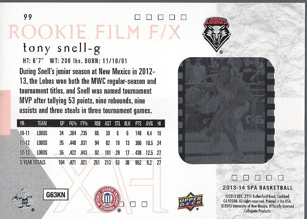 2013-14 SP Authentic Rookie Film F/X #99 Tony Snell back image