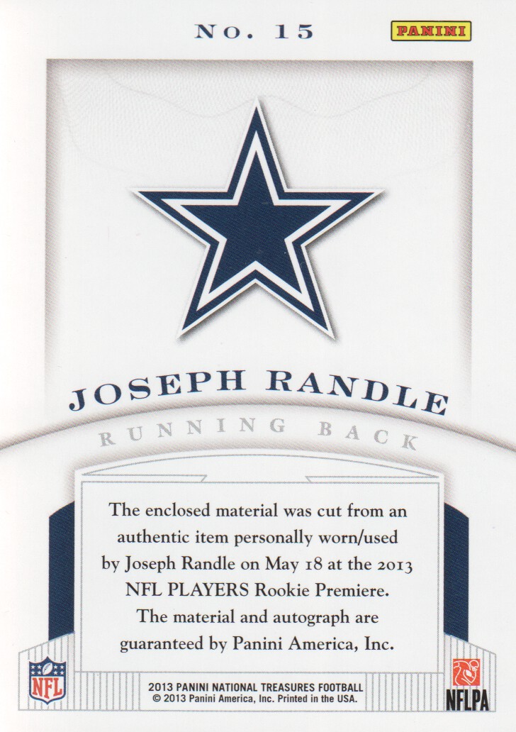 2013 Panini National Treasures Rookie NFL Gear Quad Materials Signatures #15 Joseph Randle back image