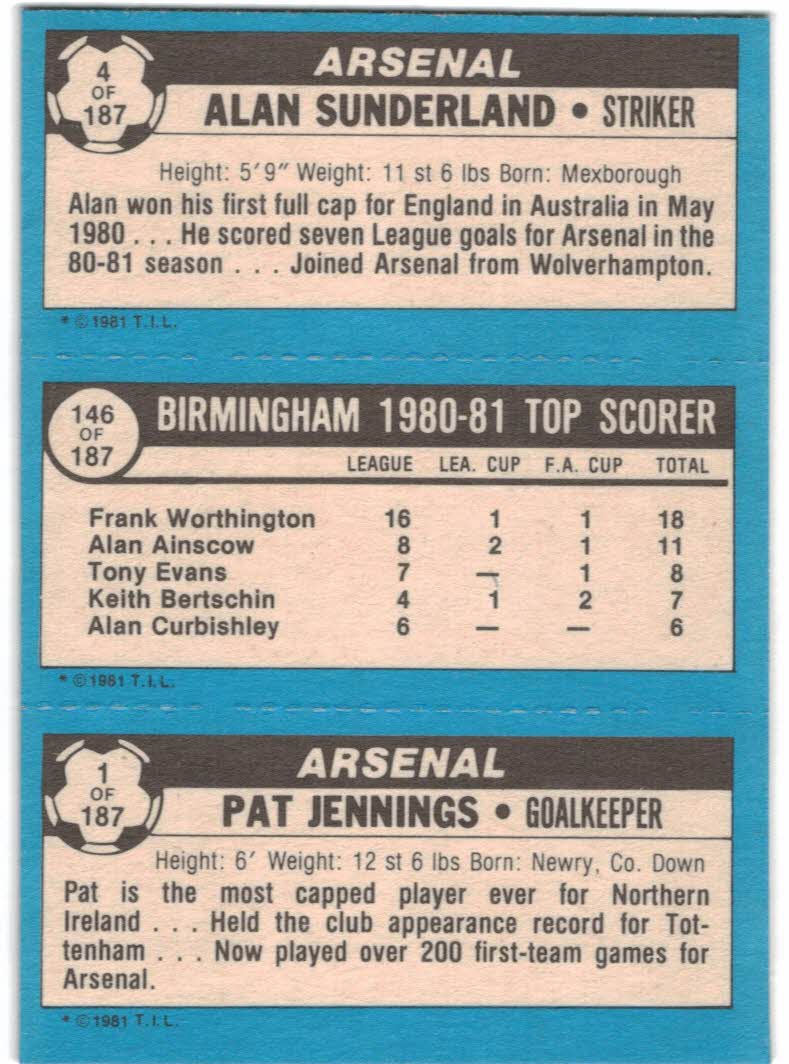 1981-82 Topps English League #1 1 Pat Jennings/146 Frank Worthington/4 Alan Sunderland back image