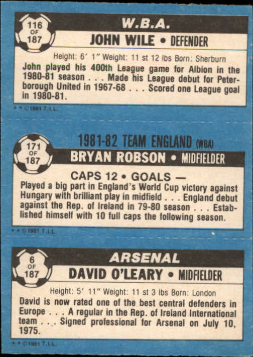 1981-82 Topps English League #6 6 David O'Leary/171 Bryan Robson/116 John Wile back image