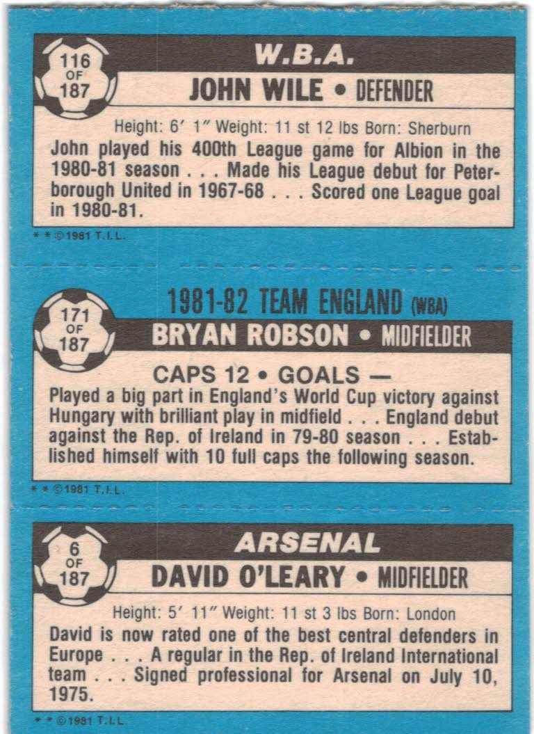 1981-82 Topps English League #6 6 David O'Leary/171 Bryan Robson/116 John Wile back image