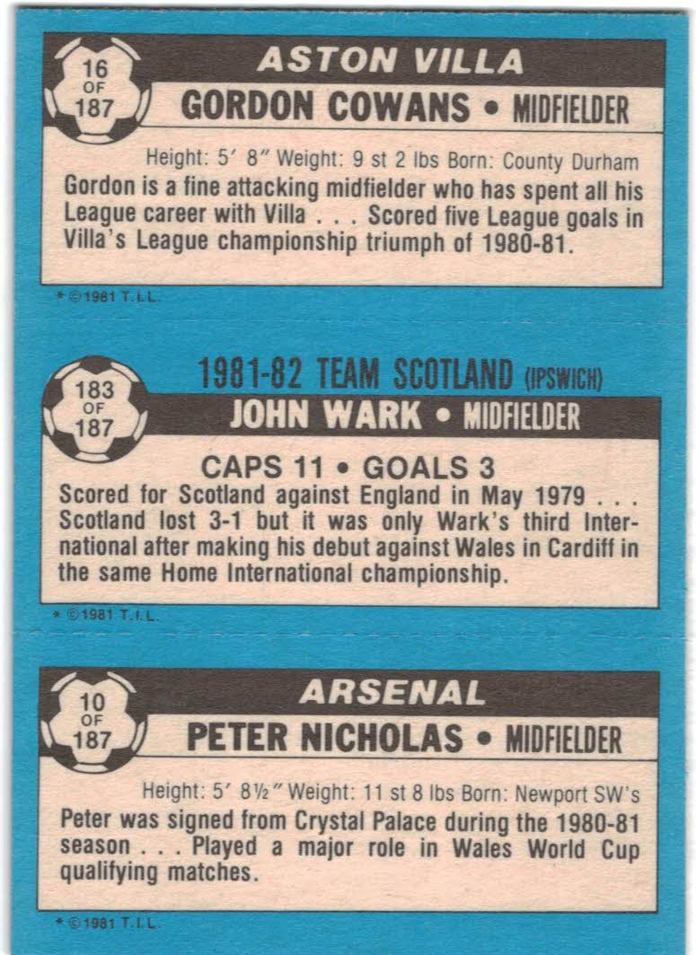 1981-82 Topps English League #10 10 Peter Nicholas/183 John Wark/16 Gordon Cowans back image