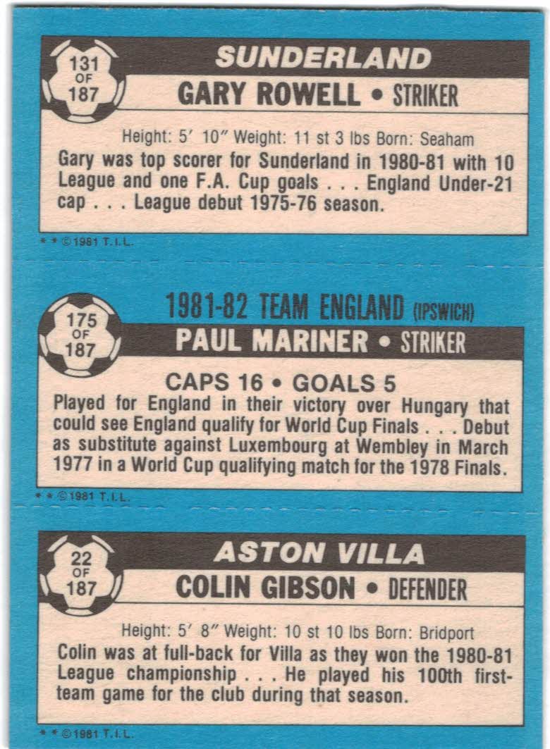 1981-82 Topps English League #22 22 Colin Gibson/175 Paul Mariner/131 Gay Rowell back image