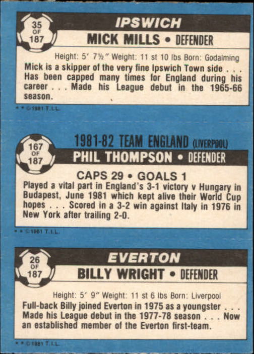 1981-82 Topps English League #26 26 Billy Wright/167 Phil Thompson/35 Mick Mills back image