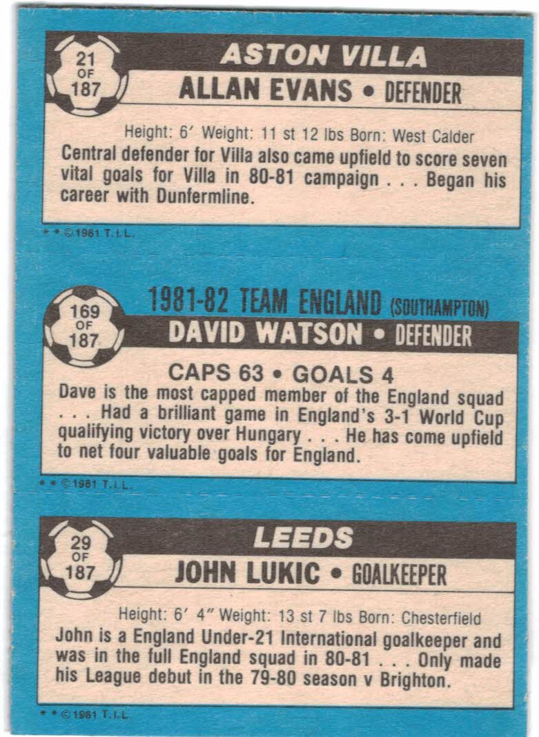1981-82 Topps English League #29 29 John Lukic/169 David Watson/21 Allan Evans back image