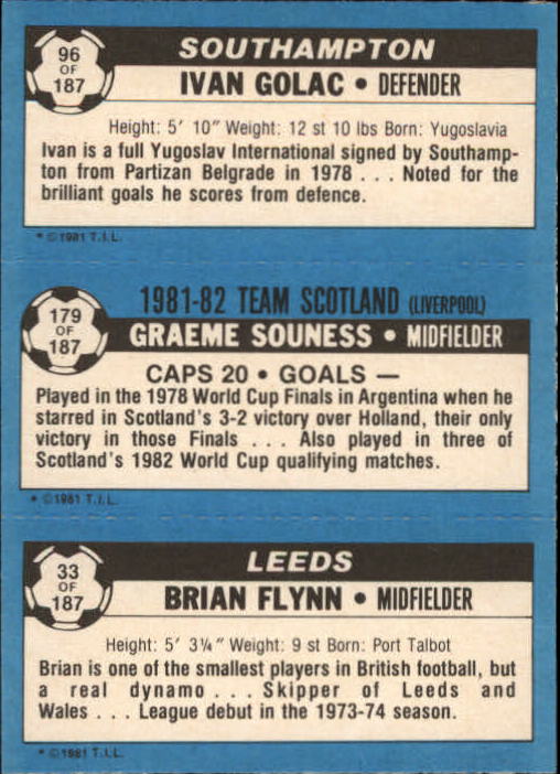 1981-82 Topps English League #33 33 Brian Flynn/179 Graeme Souness/96 Ivan Golac back image